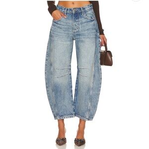 Free People- We the Free Good Luck Mid Rise Ultra Light Blue Barrel Jeans